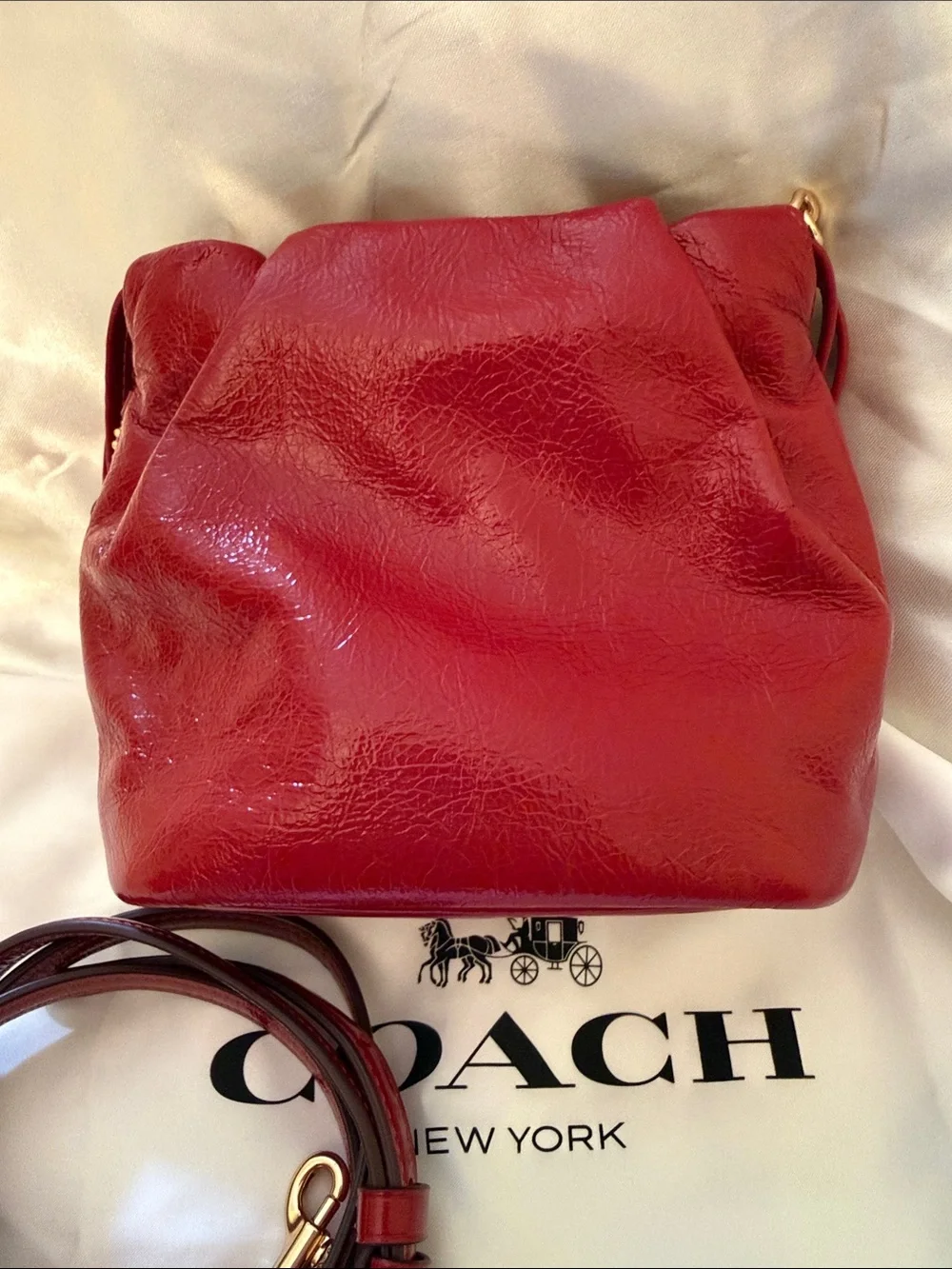 ❤️COACH NWT Mini Faye Cardinal Red Crinkle Cut Leather Drawstring Bag/Gold Chain
